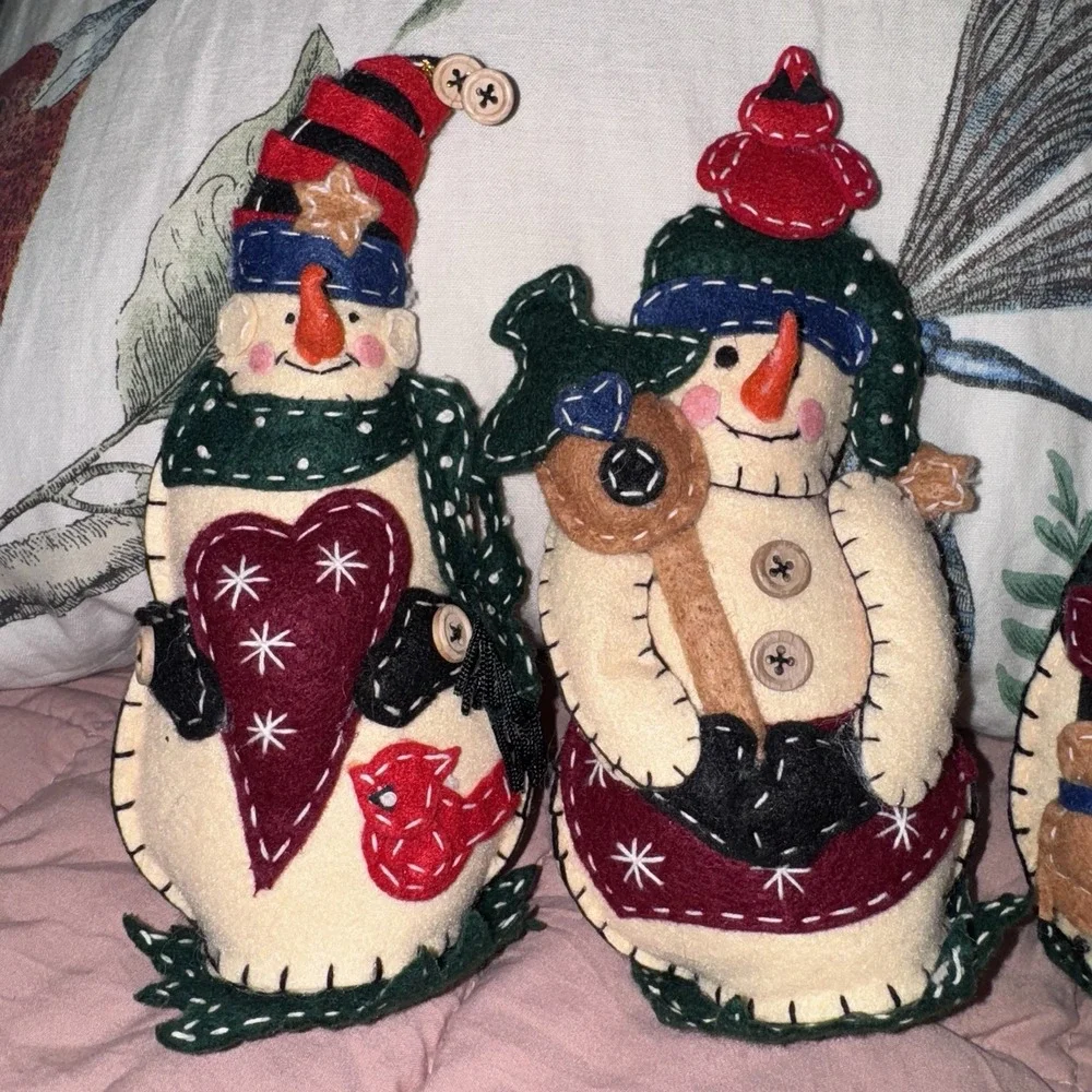 Handmade Stitched Snowmen Family Quilted Unique Patchwork Folk Christmas